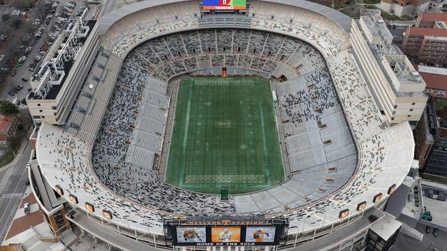 Aerial view of an empty Neyland Stadium, home of the Tennessee Volunteers, in Knoxville