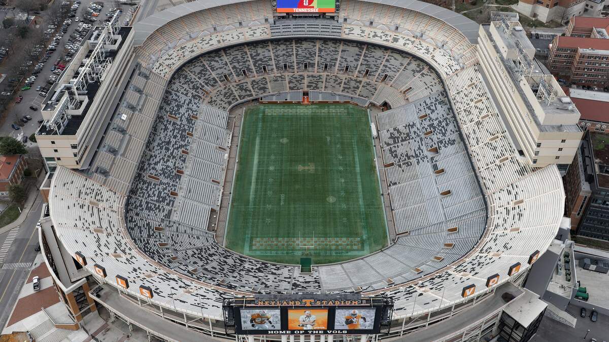 Aerial view of an empty Neyland Stadium, home of the Tennessee Volunteers, in Knoxville