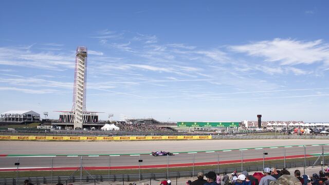 A Formula 1 car passes the observation tower at the Circuit of the Americas during the 2018 US Grand Prix