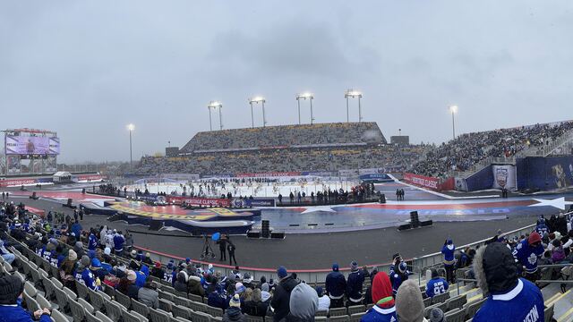 Outdoor rink and crowd at the 2022 NHL Heritage Classic at Tim Hortons Field in Hamilton, Ontario
