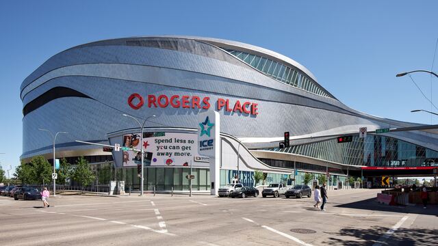 Rogers Place, the arena in downtown Edmonton, on a clear summer day