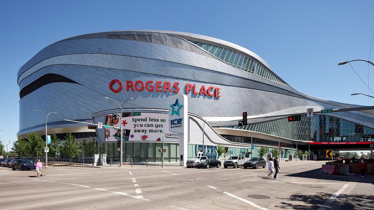 Rogers Place, the arena in downtown Edmonton, on a clear summer day